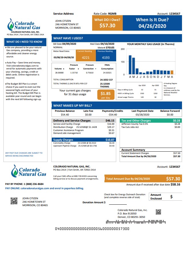 USA Colorado Natural Gas utility bill template in Word and PDF format